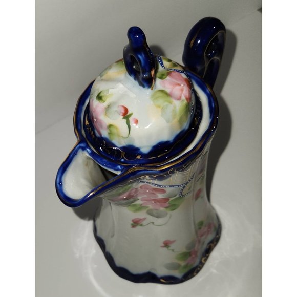 Antique Nippon Hand Painted Cherry Blossom and Cobalt Blue Chocolate Pot Pitcher - Picture 2 of 7